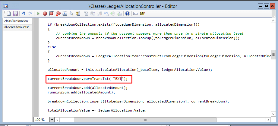 description to allocation ledger transaction parm method