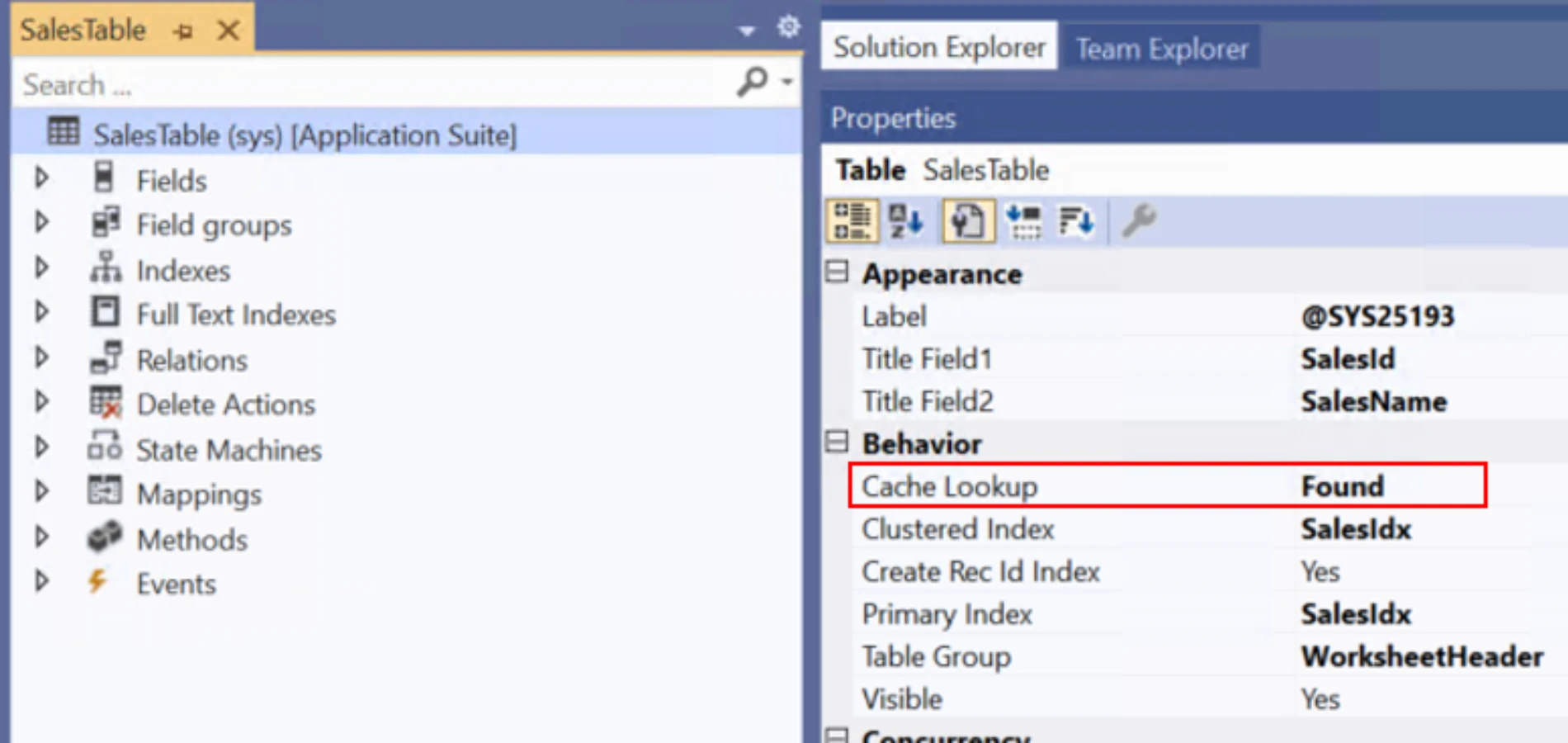 Cache lookup property of table